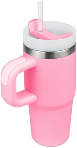 14 oz Insulated Tumbler with Handle and Straw Pink