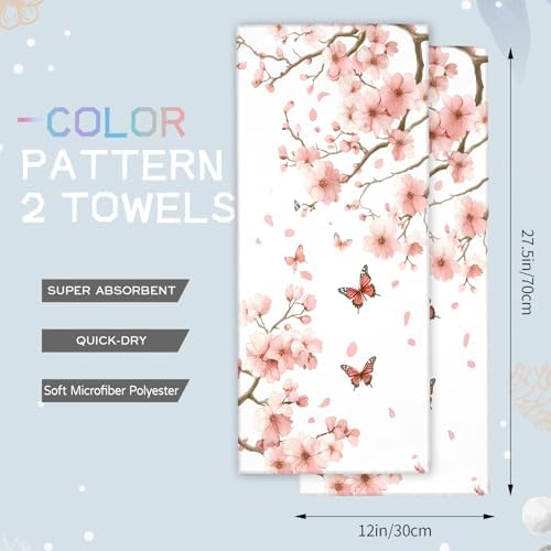 Cherry Blossom Hand Towels - 2Pack 145x28 Microfiber and Cotton Set with Butterfly Pattern