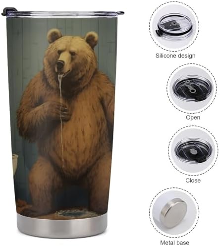 A Brown Bear Travel Tumbler Insulated Stainless Steel 20 oz with Lid