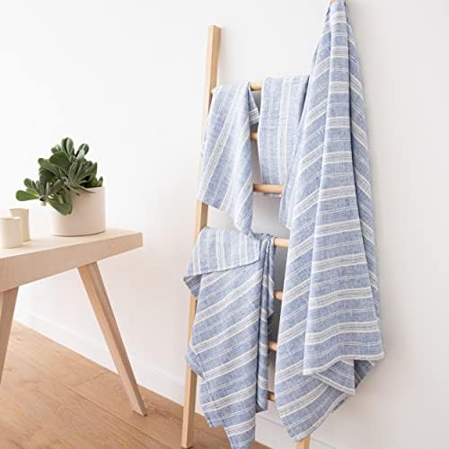 Blue Linen Bath Towels Set Multistripe