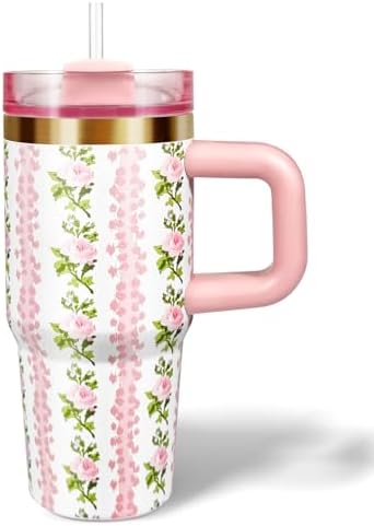 14 oz Toddler Tumbler with Handle and Straw - Pink Flower Design