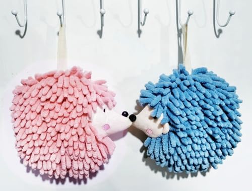 Fuzzy Ball Hand Towels Set of 2 Blue Pink