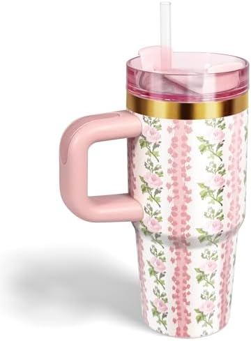 14 oz Toddler Tumbler with Handle and Straw - Pink Flower Design