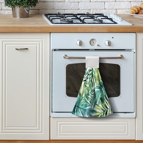 2-Piece Tropical Palm Leaves Towels with Hanging Loop Summer Green Dish Towels