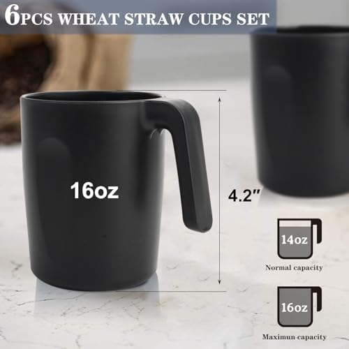 Homienly 6-Piece Reusable Wheat Straw Cups with Handle Black