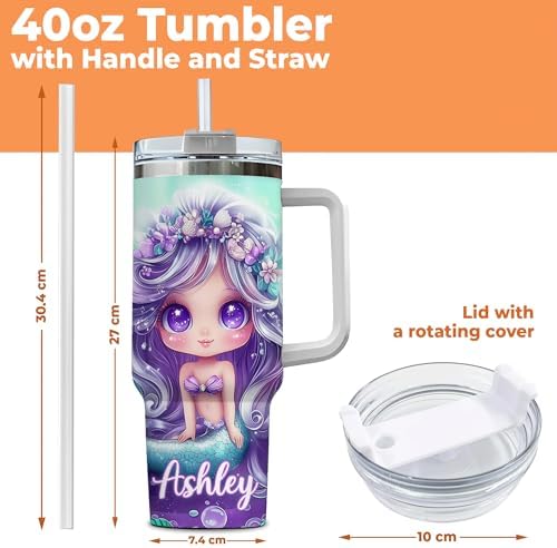 Personalized Mermaid Tumbler with Handle and Straw 40oz Premium Gift