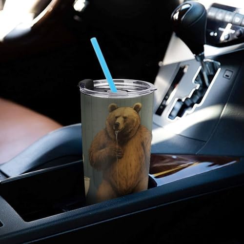 A Brown Bear Travel Tumbler Insulated Stainless Steel 20 oz with Lid