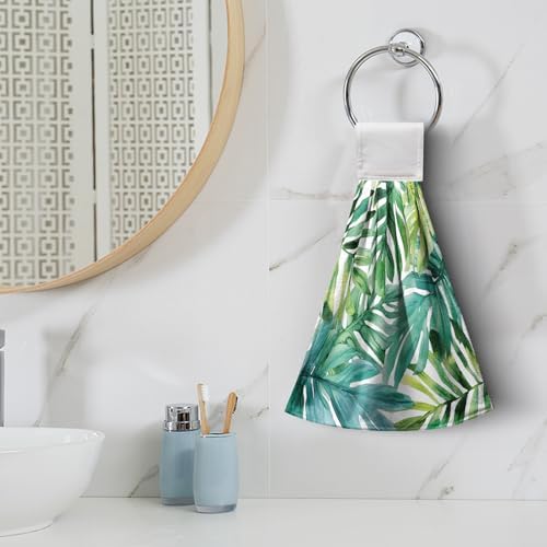 2-Piece Tropical Palm Leaves Towels with Hanging Loop Summer Green Dish Towels