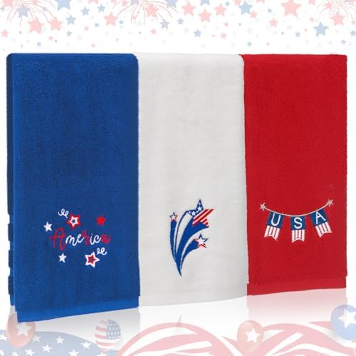 3 Pcs Patriotic 4th of July Hand Towels Red White Blue