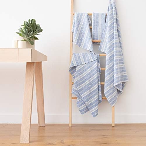 Blue Linen Bath Towels Set Multistripe