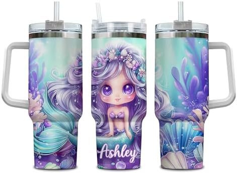 Personalized Mermaid Tumbler with Handle and Straw 40oz Premium Gift