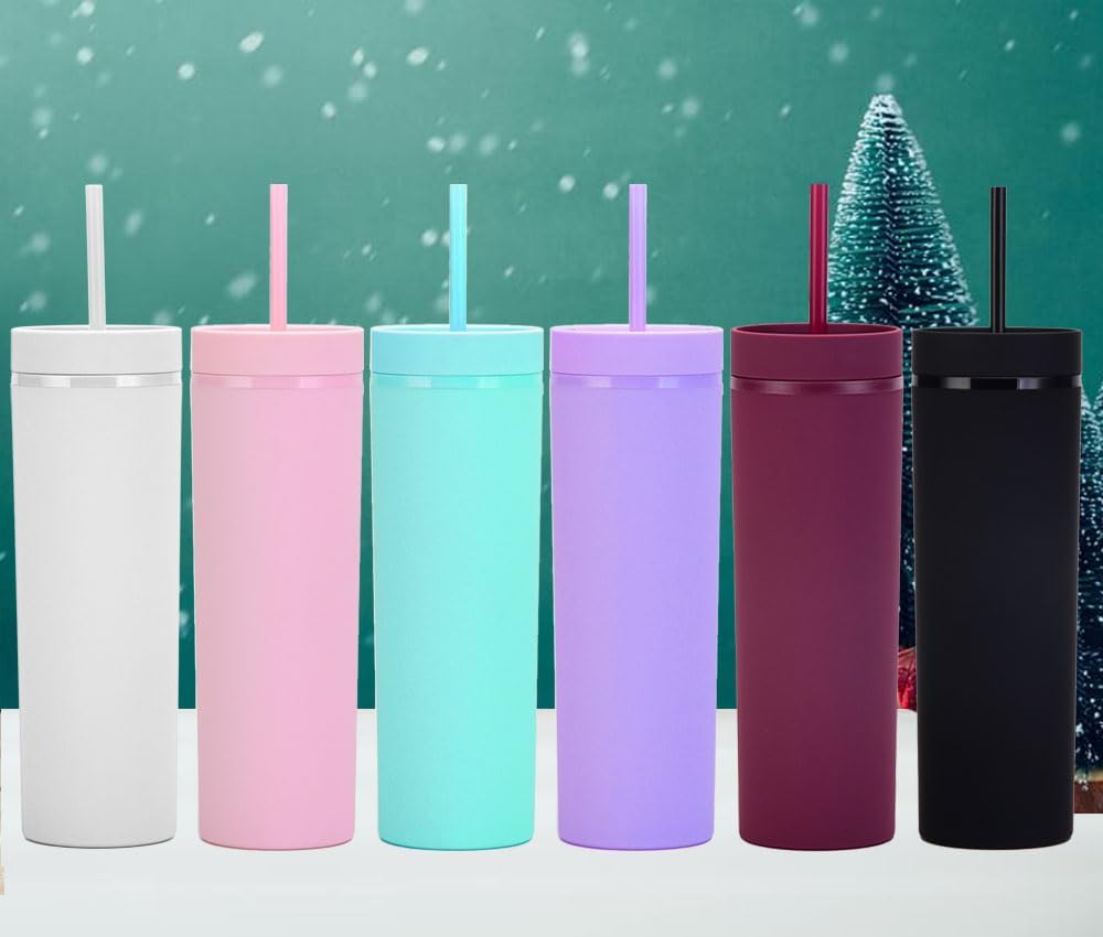 Matte Skinny Tumblers with Lids and Straws 16oz Bulk