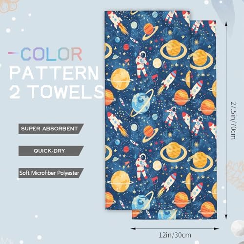 AmePay Cute Space Hand Towels 2 Pack Blue Astronaut Pattern
