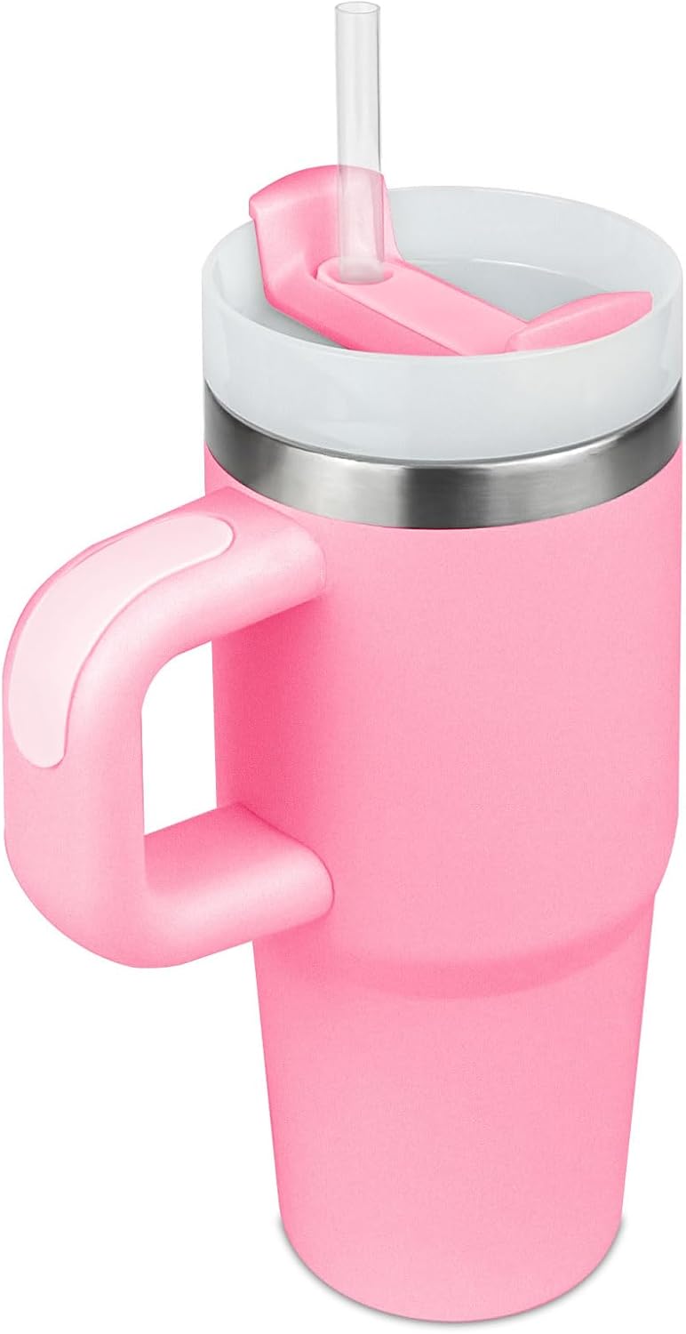 14 oz Insulated Tumbler with Handle and Straw Pink