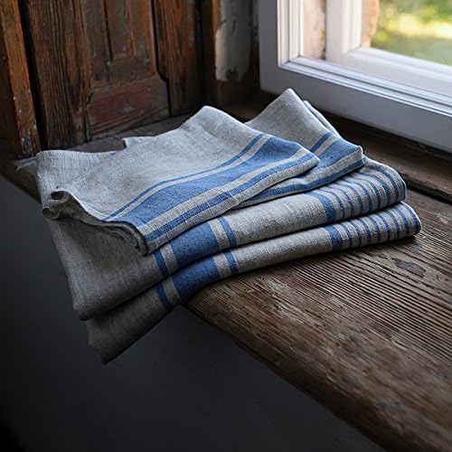 Natural Linen Striped Blue Towels Set