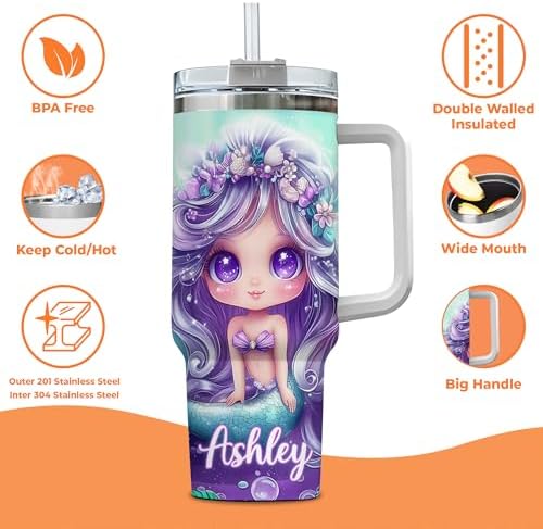 Personalized Mermaid Tumbler with Handle and Straw 40oz Premium Gift