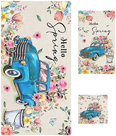 3-Piece Floral Blue Truck bath towel set