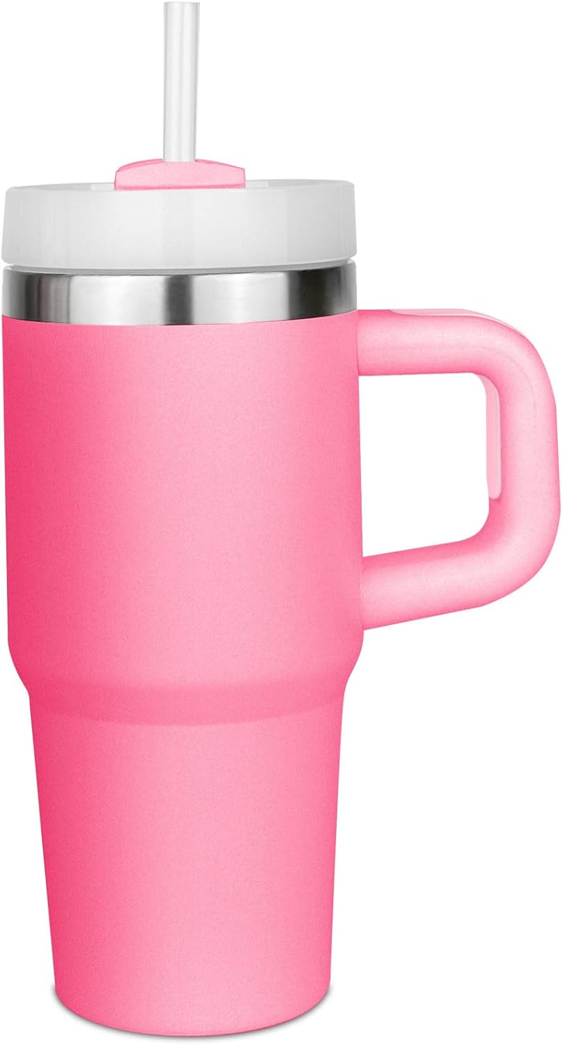 14 oz Insulated Tumbler with Handle and Straw Pink
