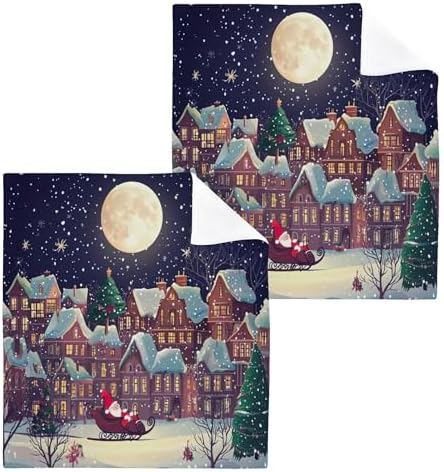 Christmas Night Scene Washcloth Set of 2-12 - Fast Drying 12x12 Inch Towels