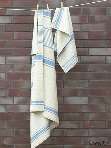 Natural Linen Striped Blue Towels Set