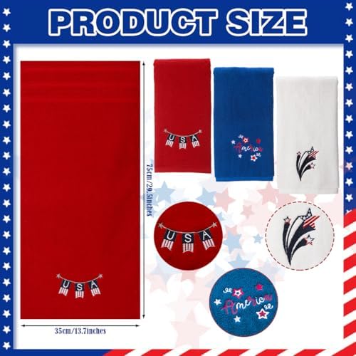 3 Pcs Patriotic 4th of July Hand Towels Red White Blue