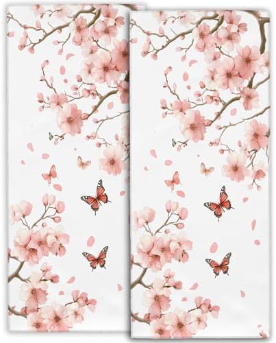 Cherry Blossom Hand Towels - 2Pack 145x28 Microfiber and Cotton Set with Butterfly Pattern