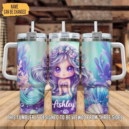 Personalized Mermaid Tumbler with Handle and Straw 40oz Premium Gift