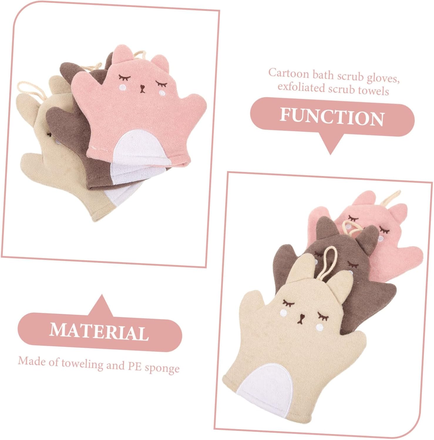 KALLORY Animal Bath Gloves 3pcs Soft Exfoliating Mitts