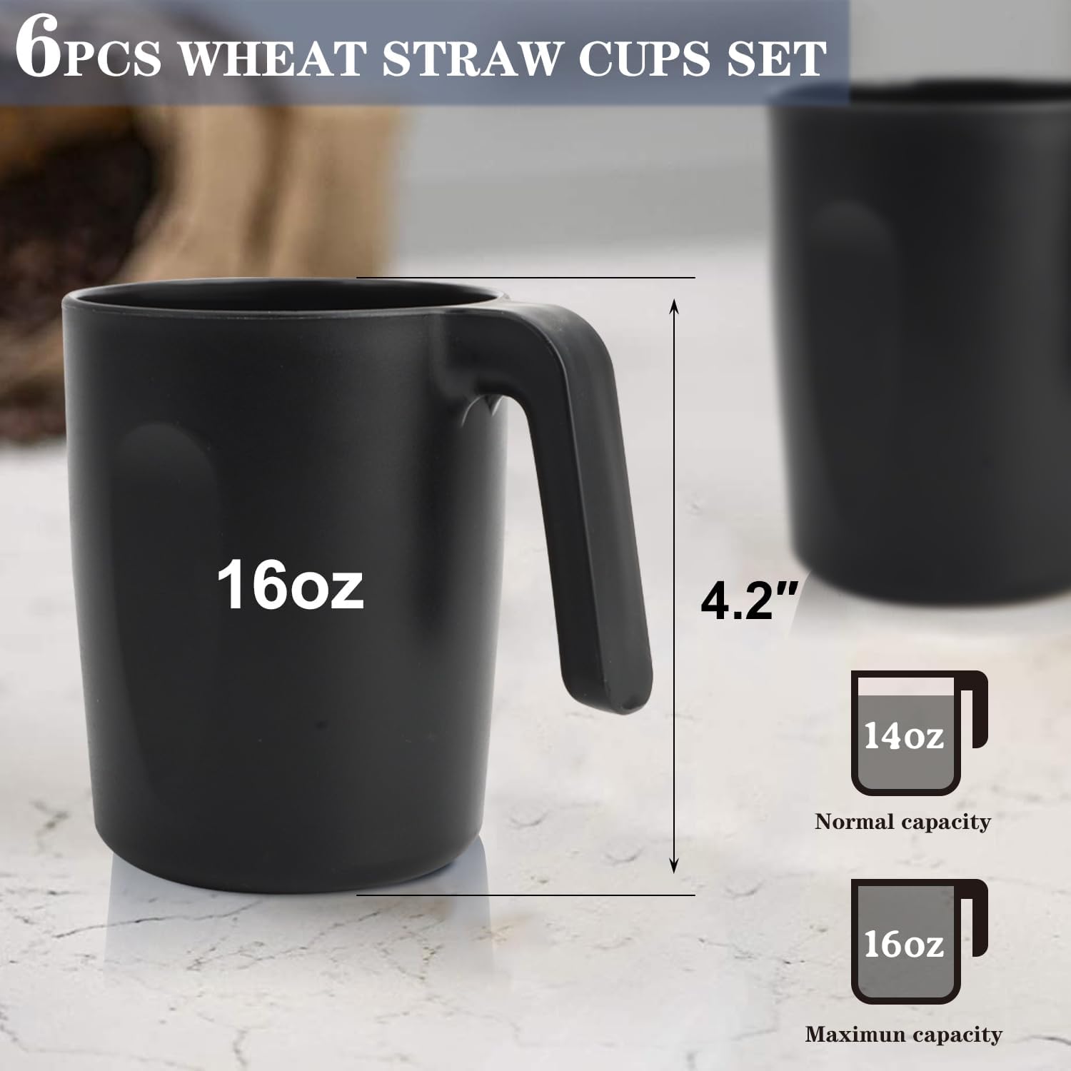 Homienly 6-Piece Reusable Wheat Straw Cups with Handle Black