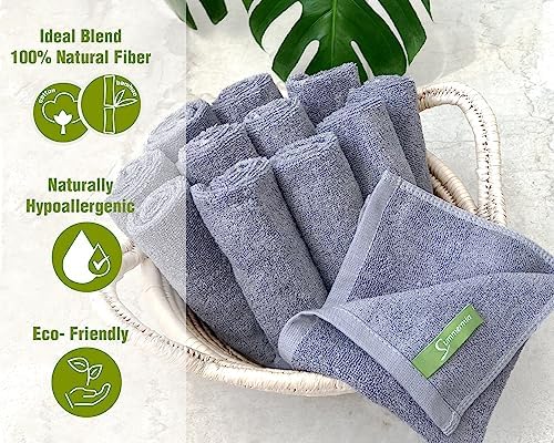 12-Piece Washcloth Set - Bamboo Cotton Blend 13x13 for Adults Kids