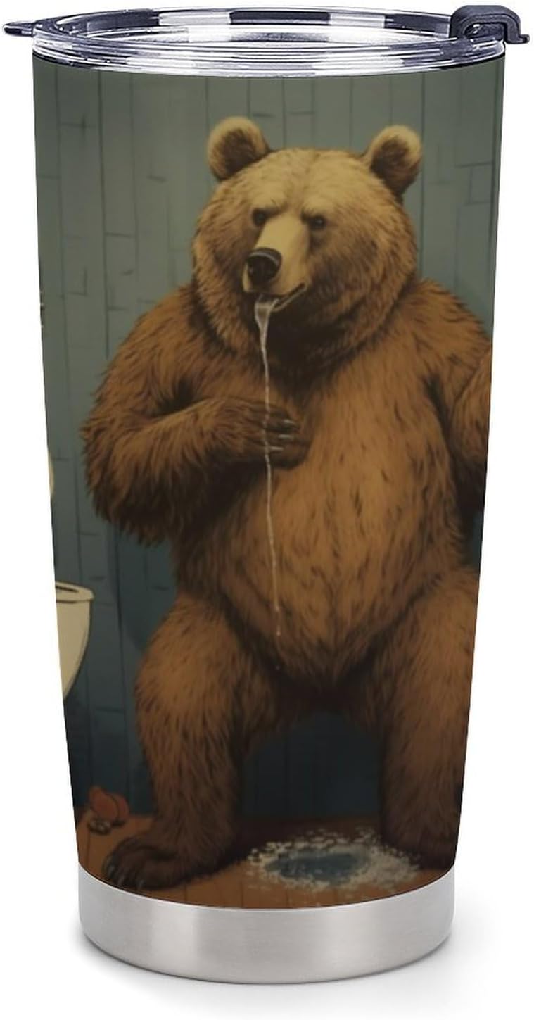 A Brown Bear Travel Tumbler Insulated Stainless Steel 20 oz with Lid
