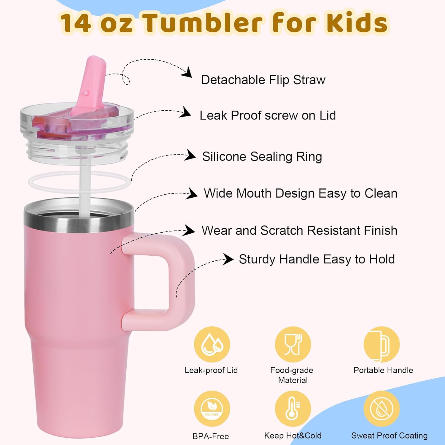 14 oz Tumbler for Kids with Detachable Flip Straw Lid and Handle