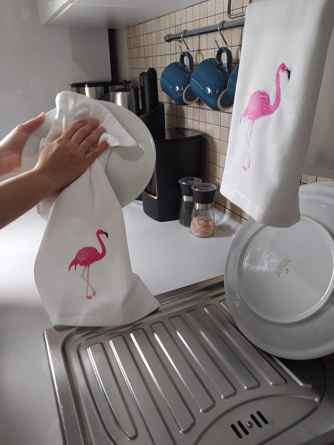 2-Pack Flamingo Cotton Hand Towels White - Perfect for Bathroom Kitchen