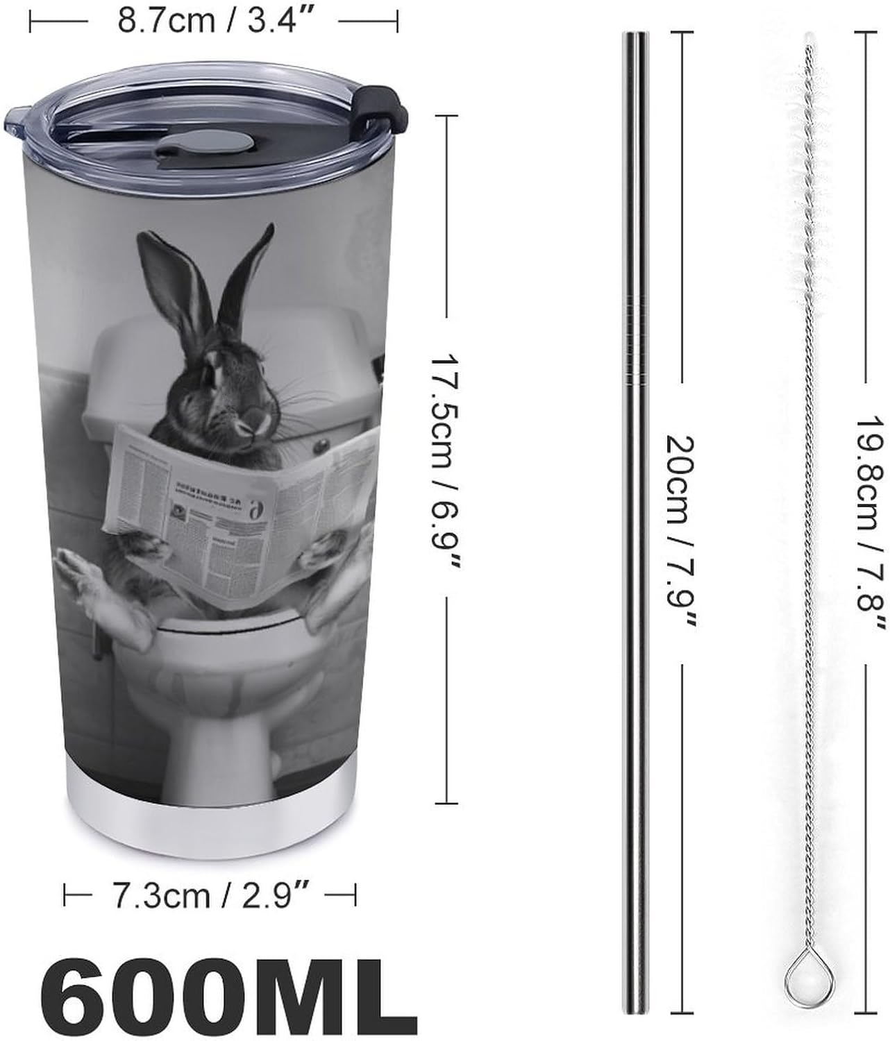Low Profile Rabbit Tumbler Insulated Travel mug with Straw and Brush