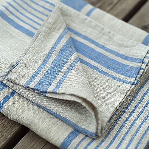 Natural Linen Striped Blue Towels Set