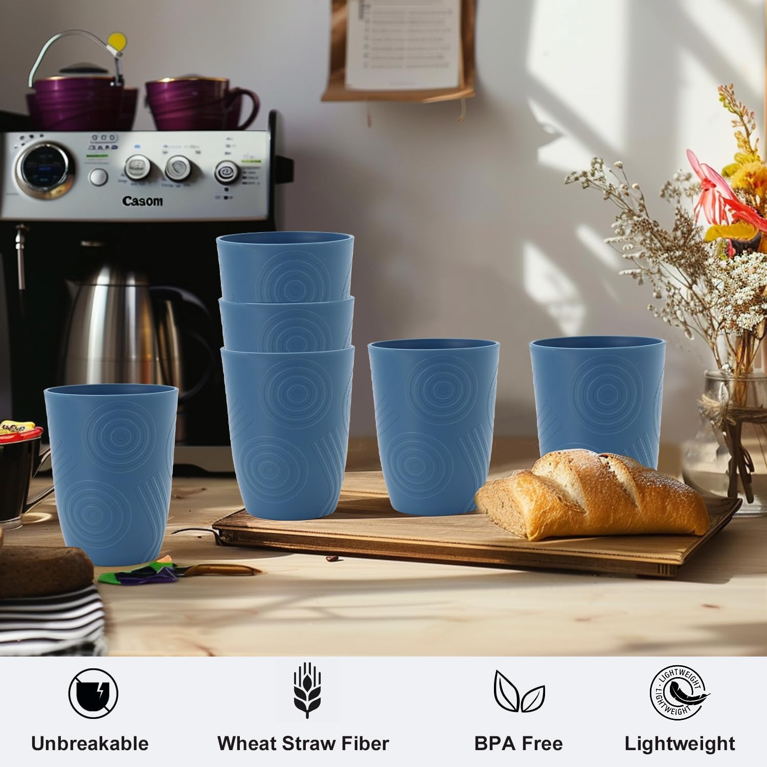 BUSOKIP Premium Wheat Straw Cups Set of 6 Blue