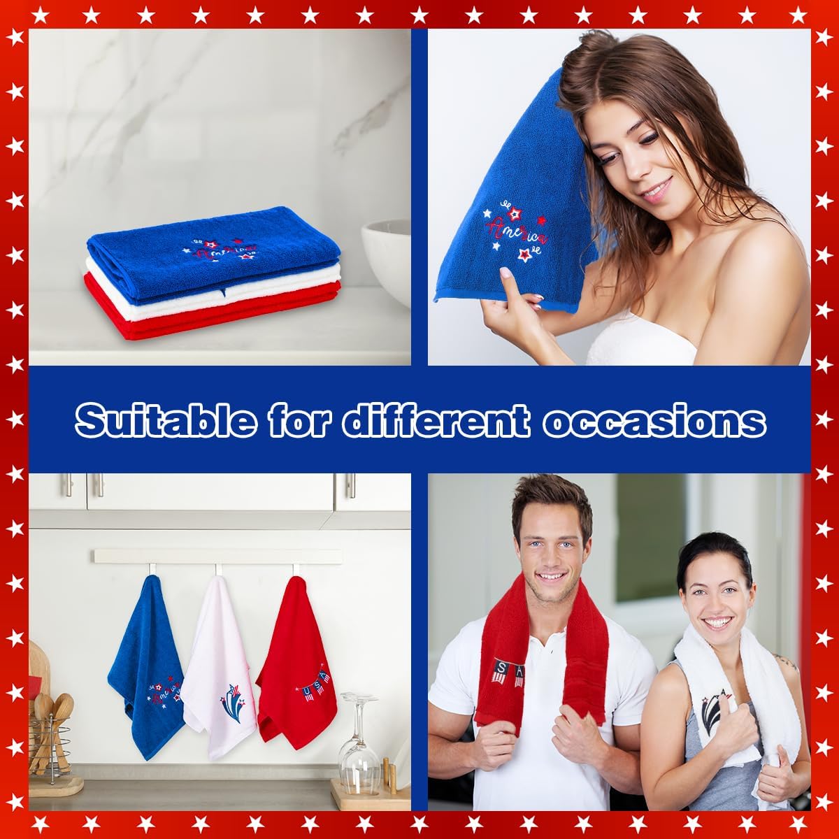 3 Pcs Patriotic 4th of July Hand Towels Red White Blue