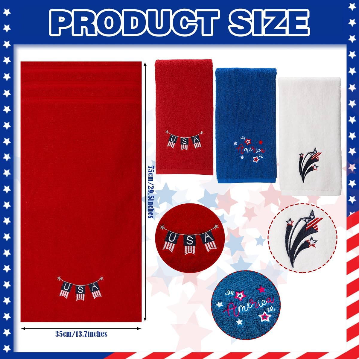3 Pcs Patriotic 4th of July Hand Towels Red White Blue