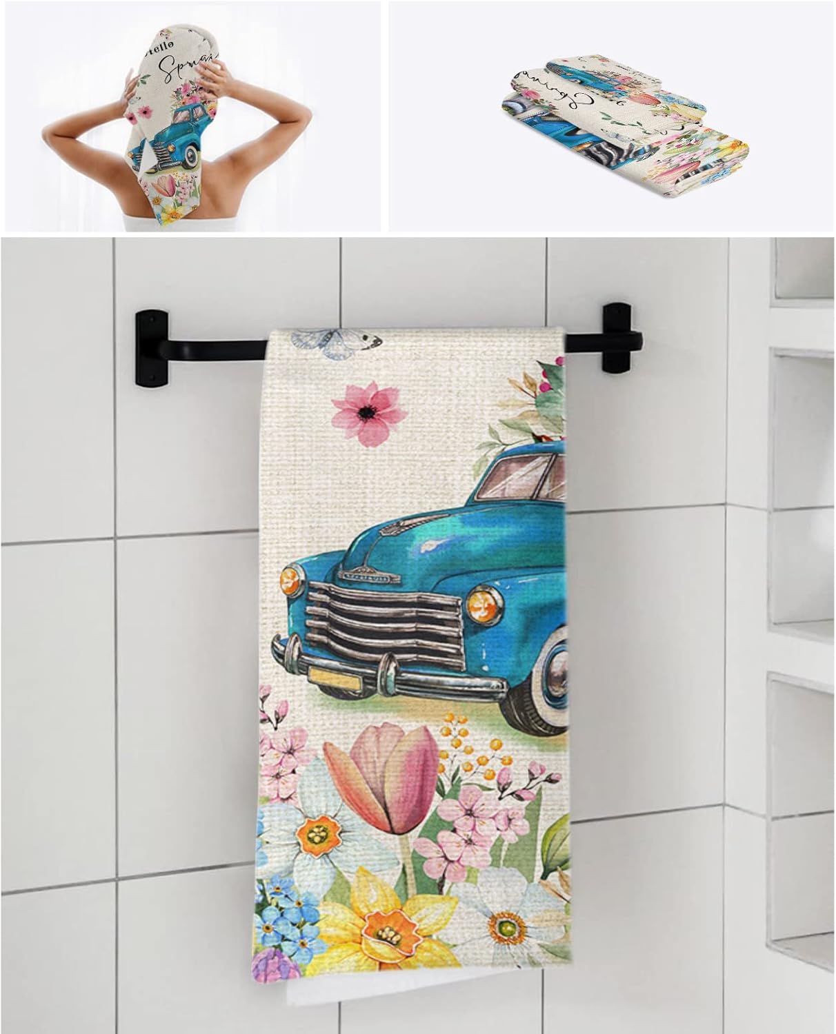 3-Piece Floral Blue Truck bath towel set
