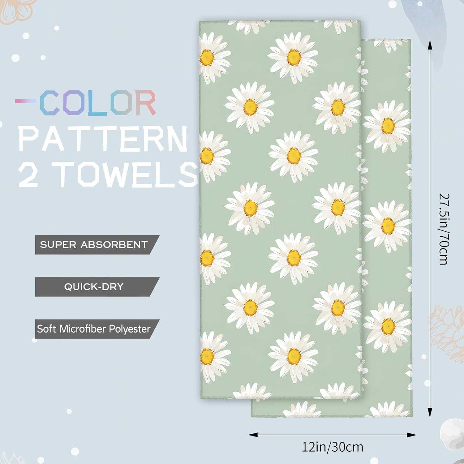 White Daisy Sage Green Hand Towels - 2 Pack 145 X 28