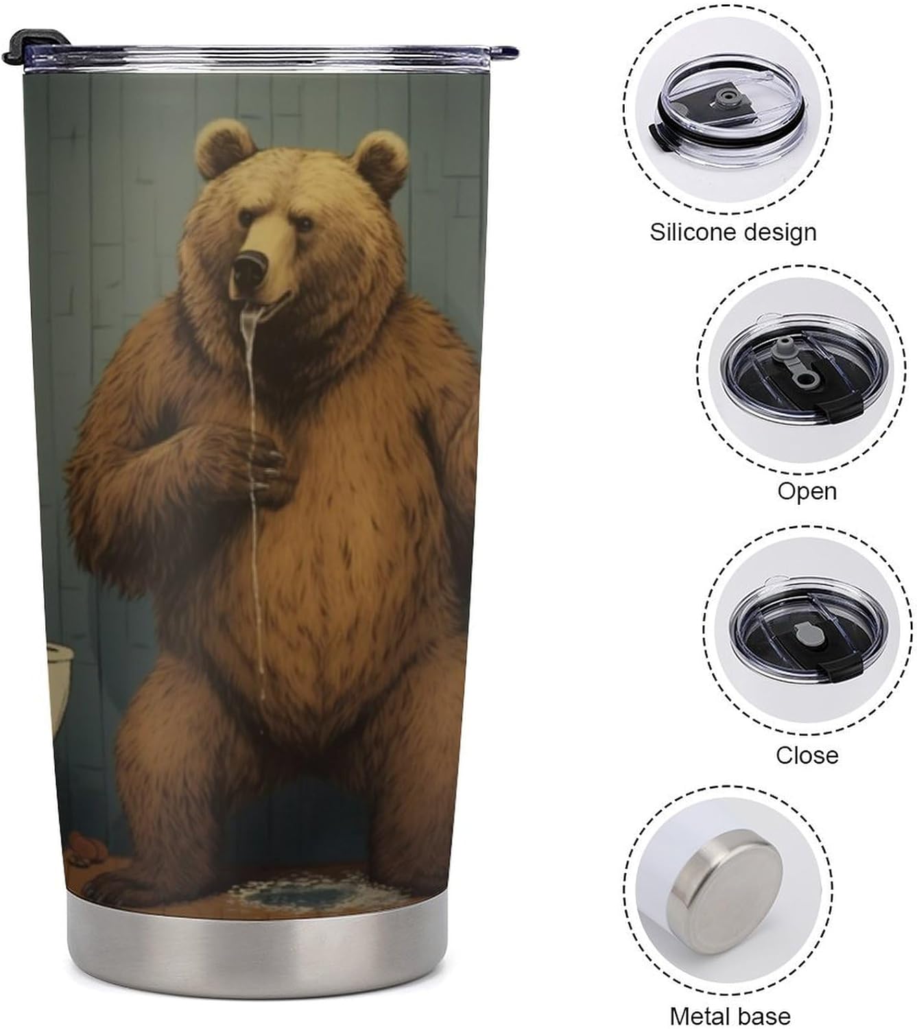 A Brown Bear Travel Tumbler Insulated Stainless Steel 20 oz with Lid