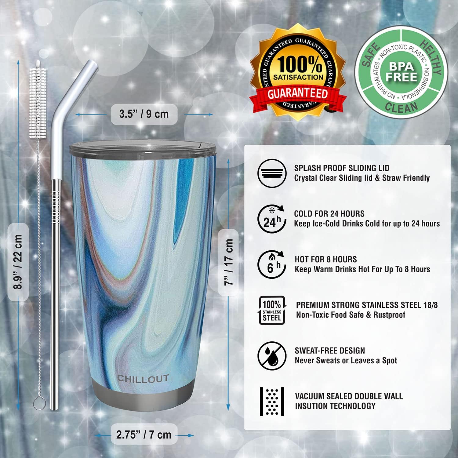 CHILLOUT LIFE 20 oz Double Wall Vacuum Insulated Stainless Steel Tumbler with Lid