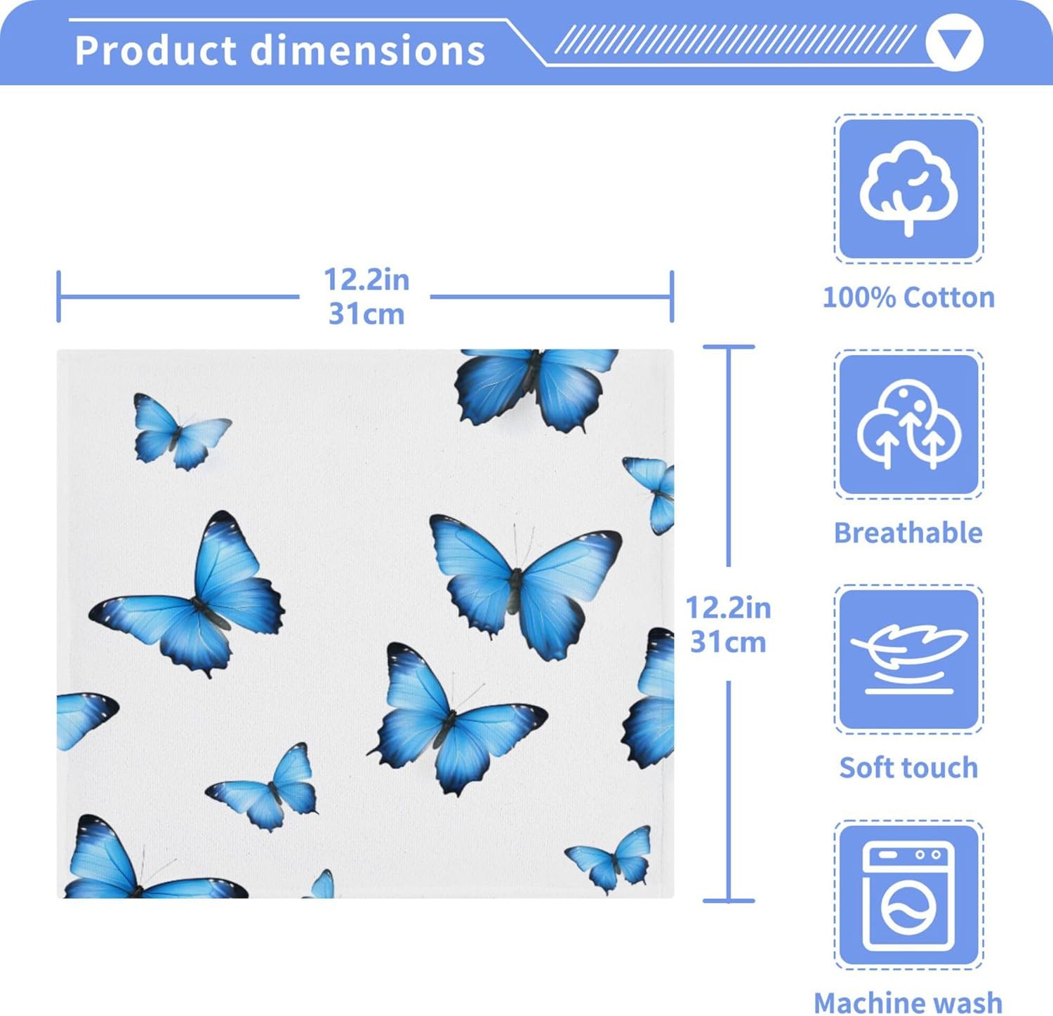 xigua Blue Butterflies Washcloths Set of 2 - 12x12 Inch