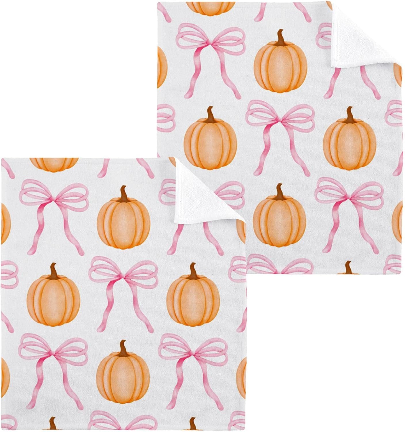 Xigua Pumpkin Cute Bow Washcloths Set of 2 12 x 12 Inch