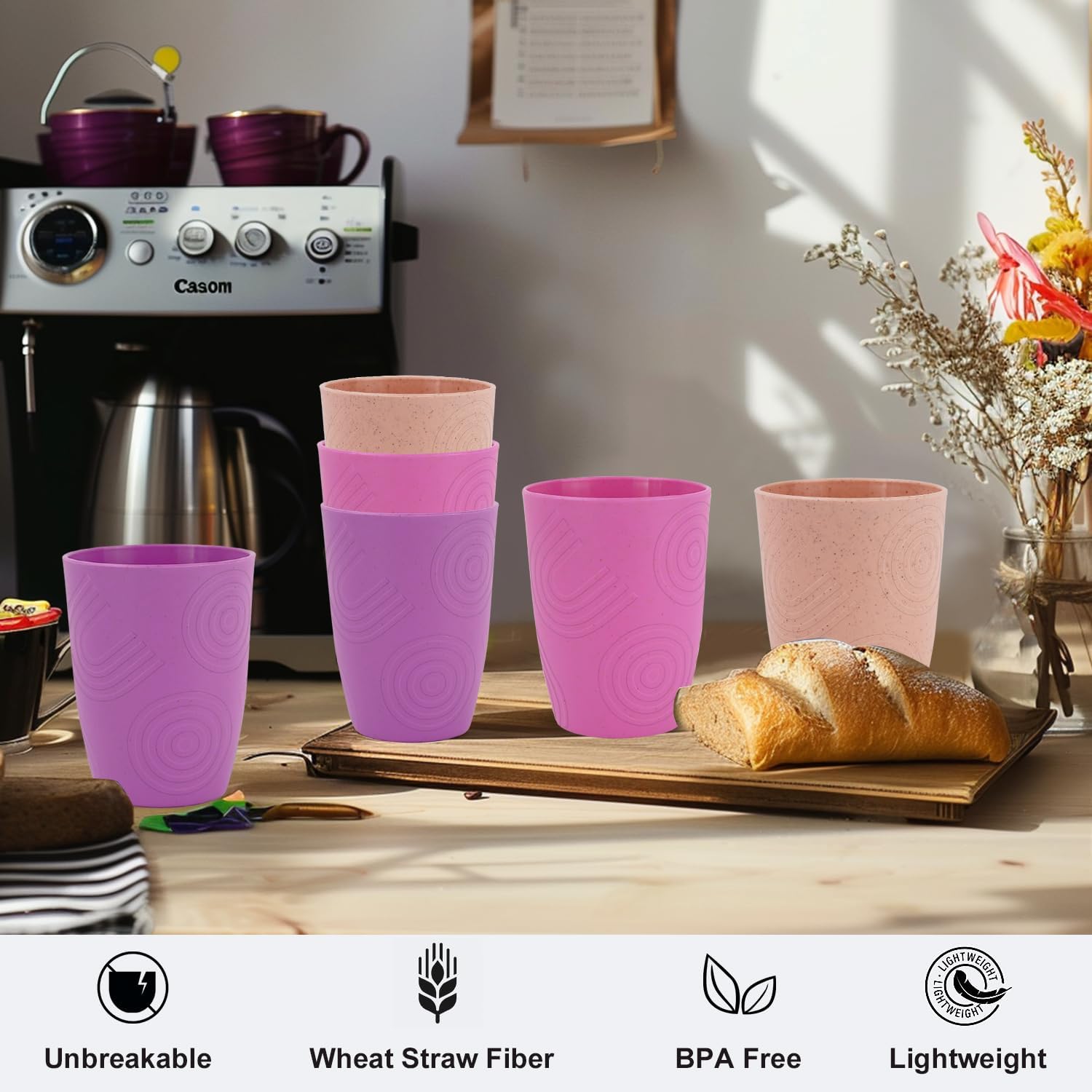 6 Pack Wheat Straw Cups Reusable Plastic Drinking Cups for Kids