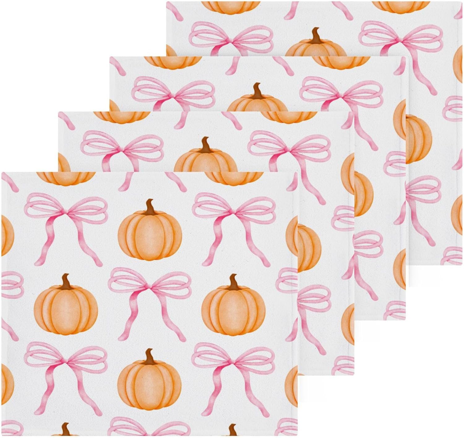 Xigua Pumpkin Cute Bow Washcloths Set of 2 12 x 12 Inch