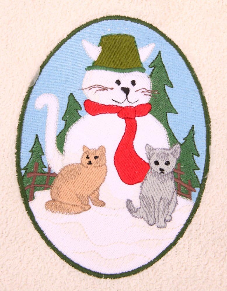 Bath Towel Set with Embroidered Cat Snowman Design