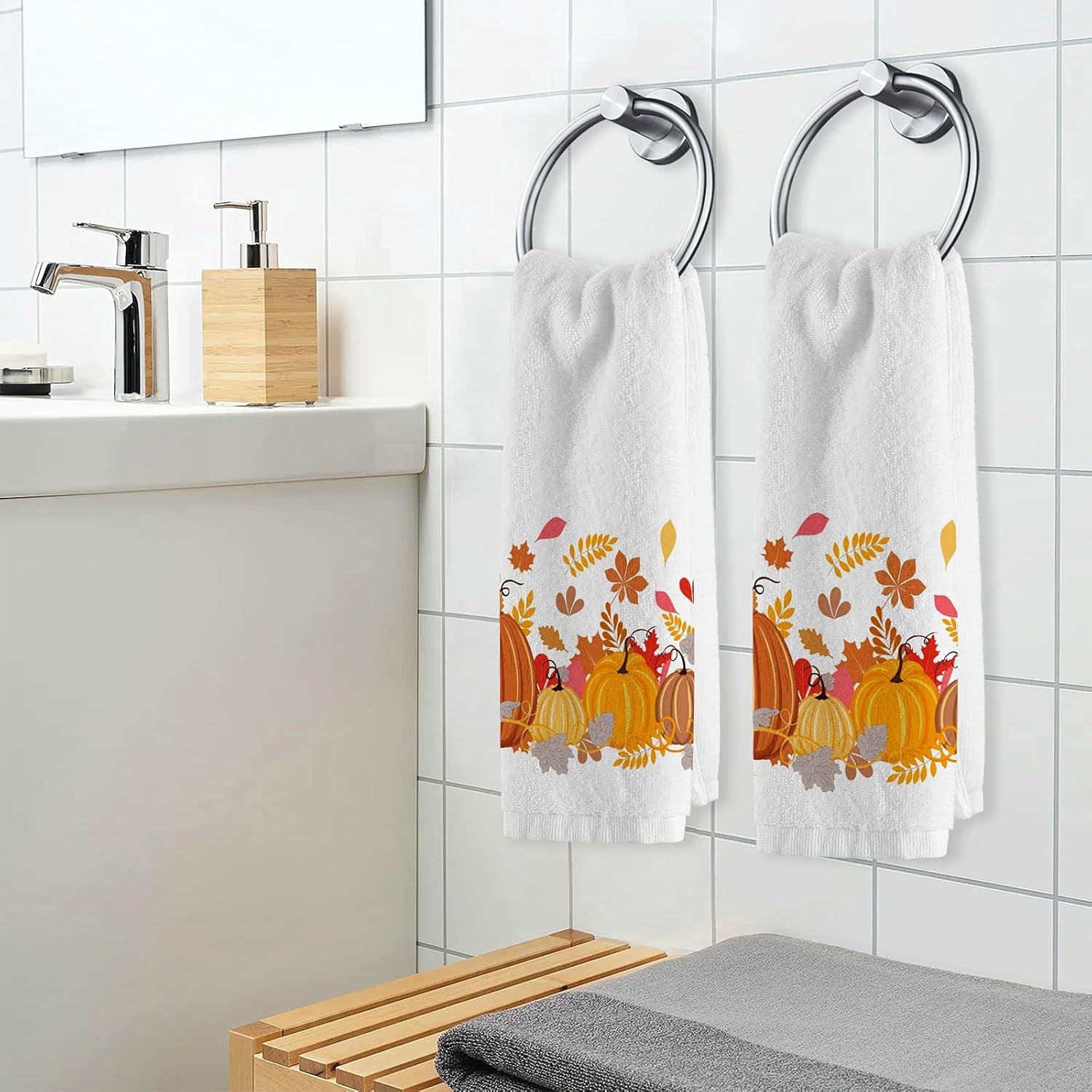 Autumn Leaves Pumpkins Hand Towels Fall Thanksgiving Red Orange Cotton Washcloths