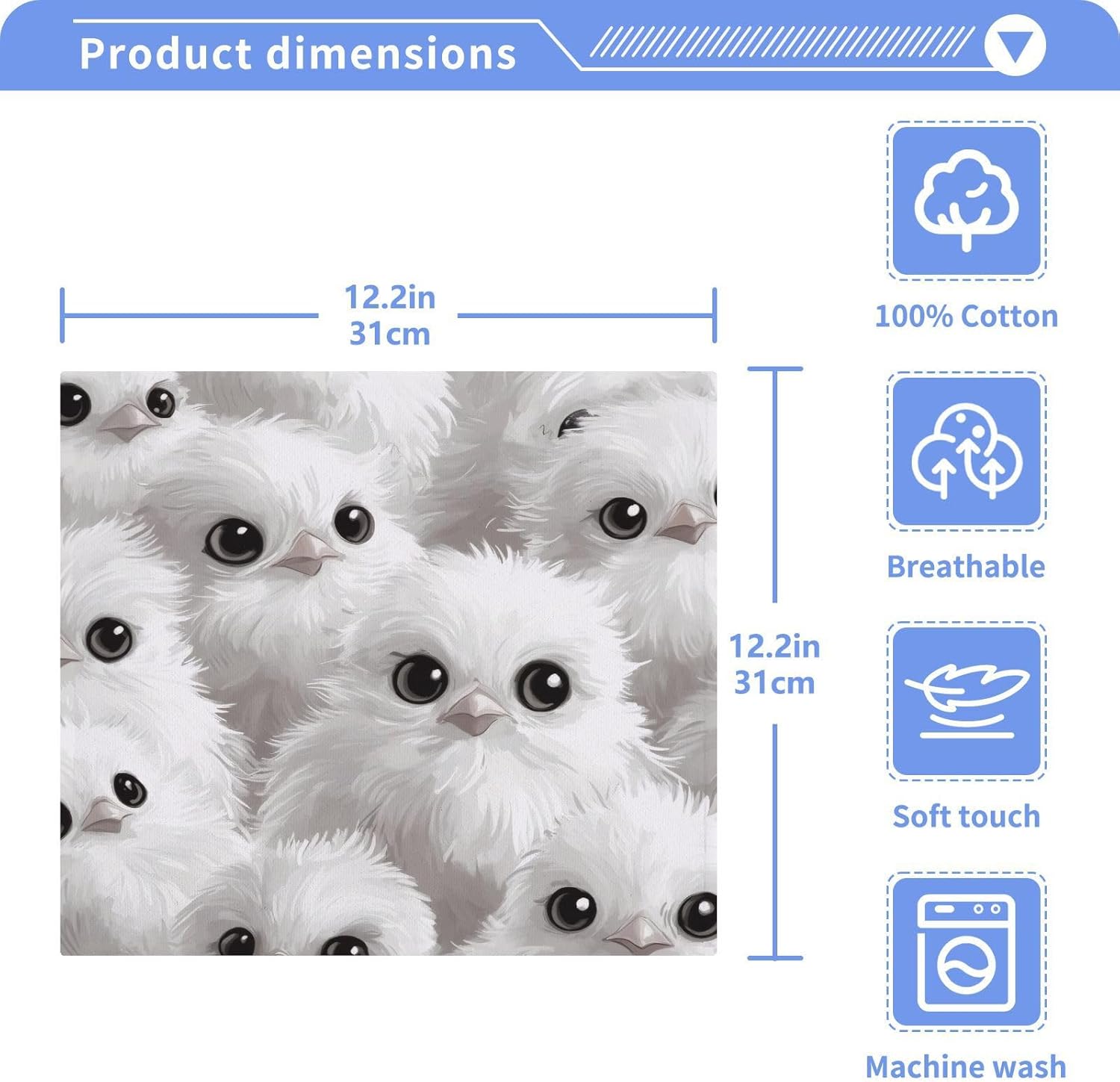 Cute White Chickens Washcloths Soft Cotton Face Towels 12x12 Inches 2 Pack