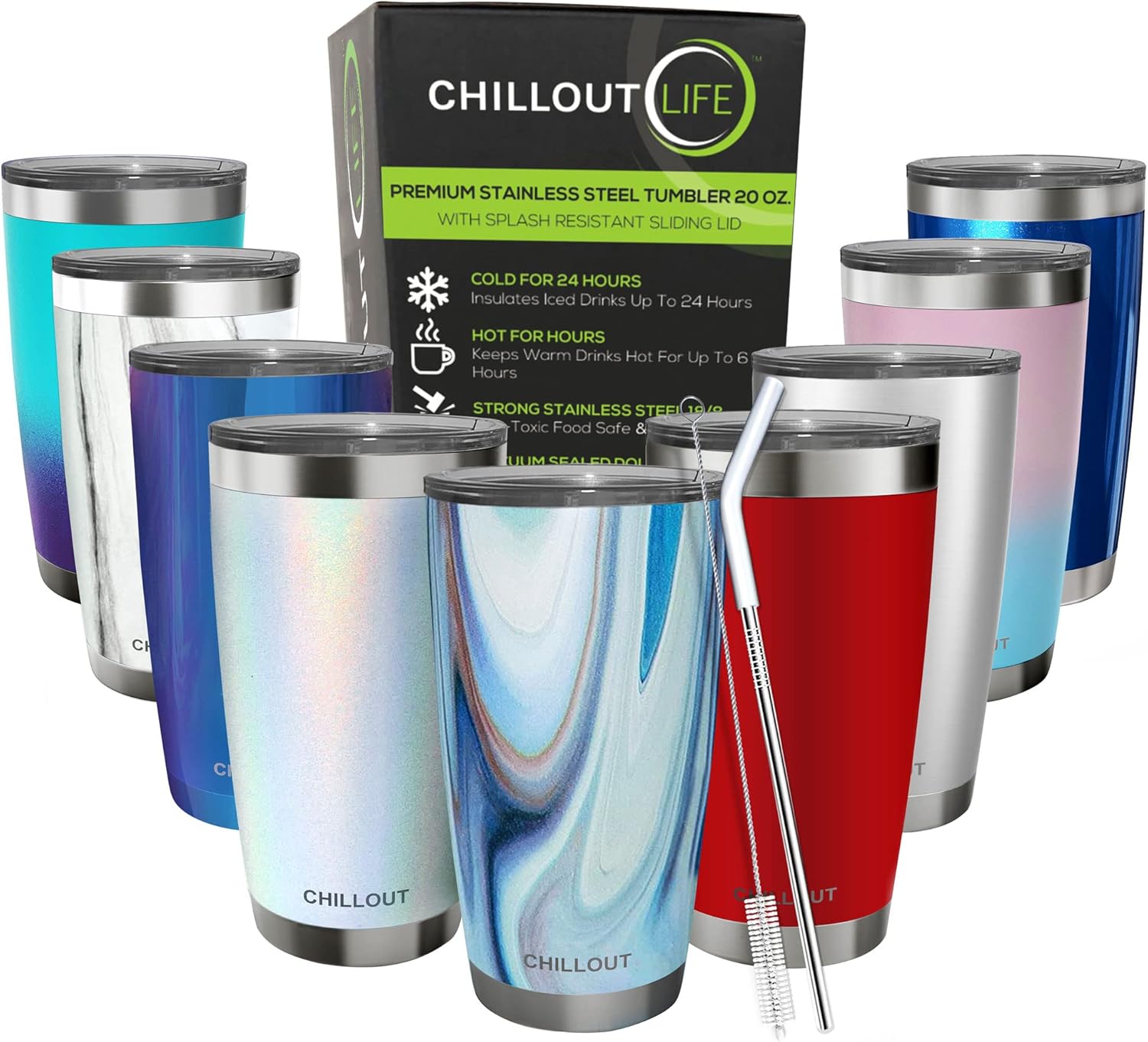 CHILLOUT LIFE 20 oz Double Wall Vacuum Insulated Stainless Steel Tumbler with Lid